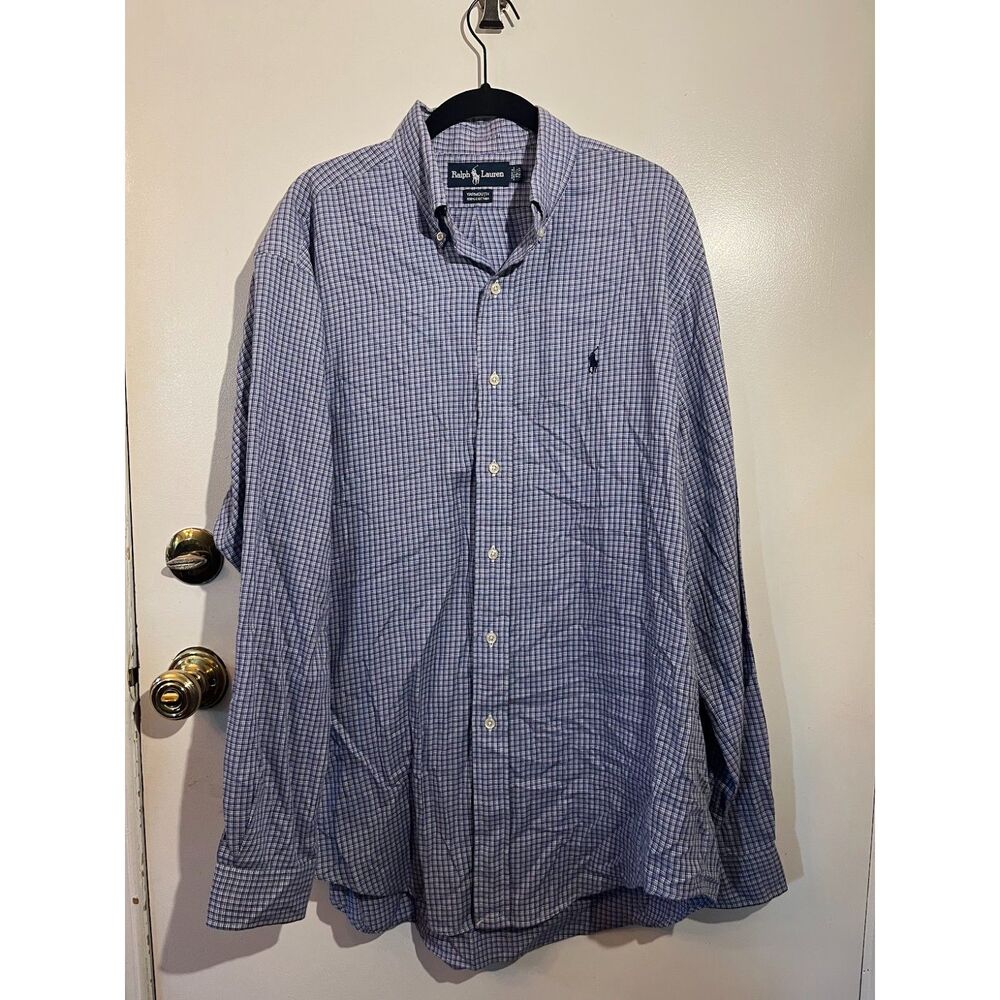 Vintage Ralph Lauren Yarmouth Shirt 15.5 34/35 Blue White Gingham Hong Kong